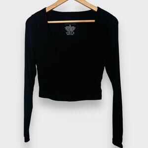 Klassy Network Brami Top L Black Ribbed Bamboo Long Sleeve Scoop Neck Minimalist